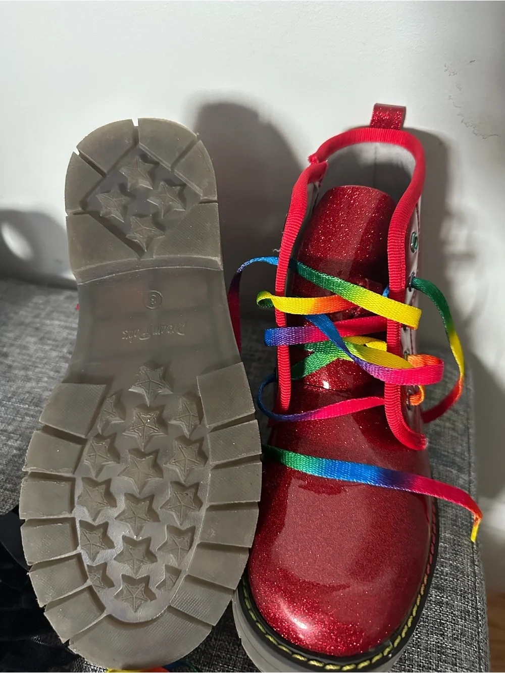 Kids Red Glitter Lace-Up Boots with Black or Rainbow Laces